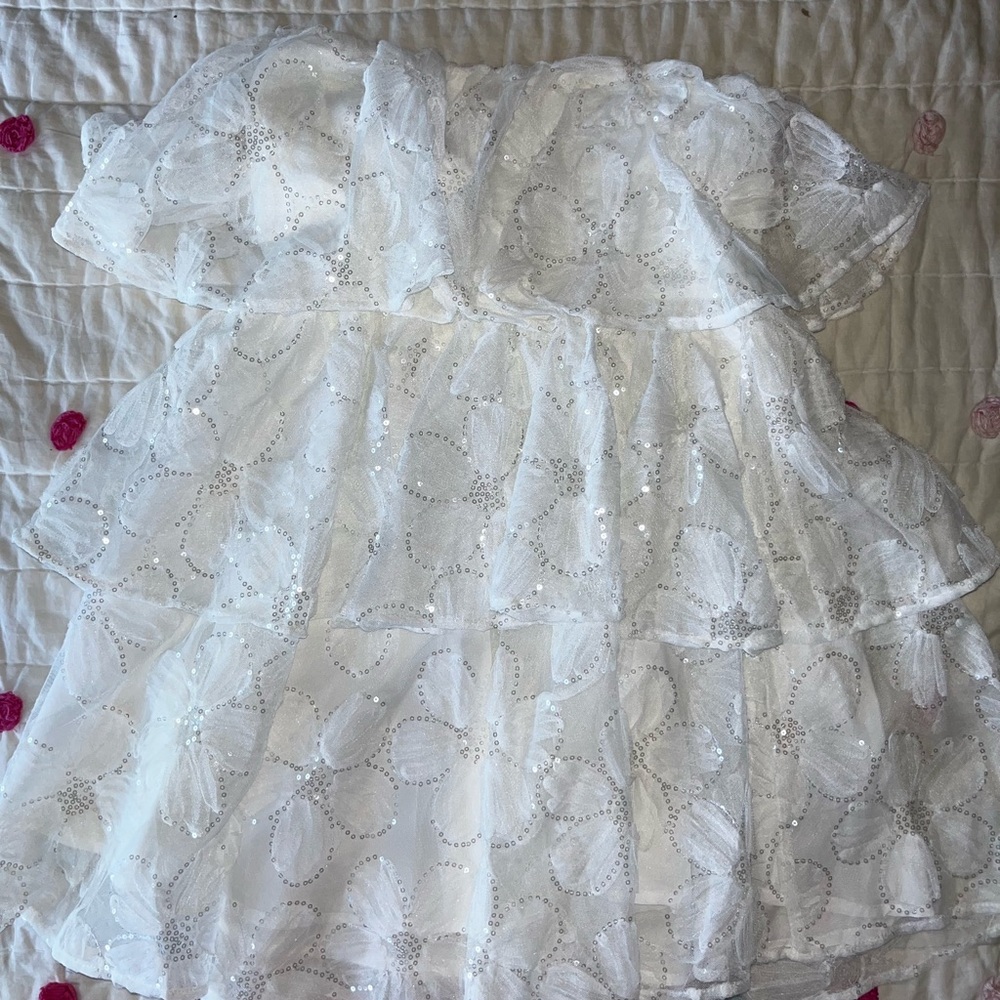 American Threads White Sequin Ruffle Dress